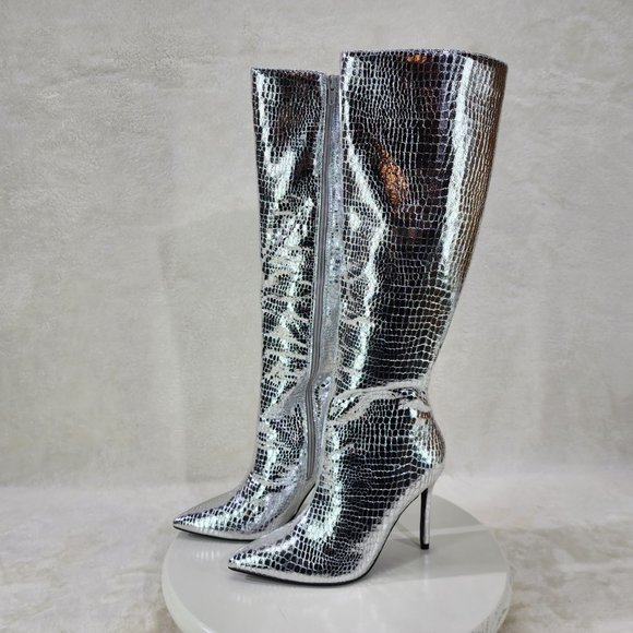 Silver Metallic  Festive   Pointy Toe Boots With 4 inch Stiletto Heel - Picture 3 of 11